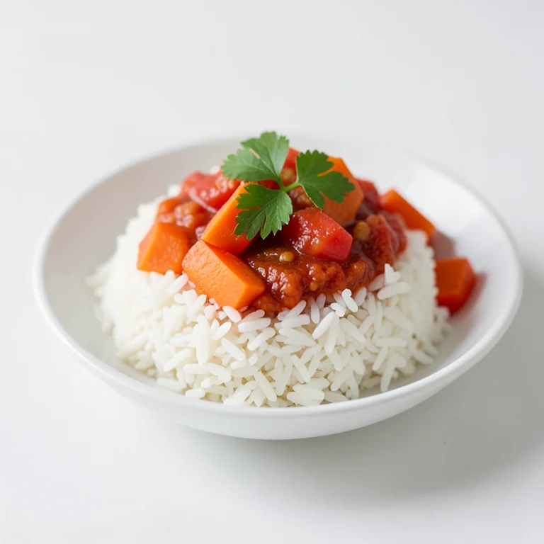 Белый рис с овощами и томатным соусом