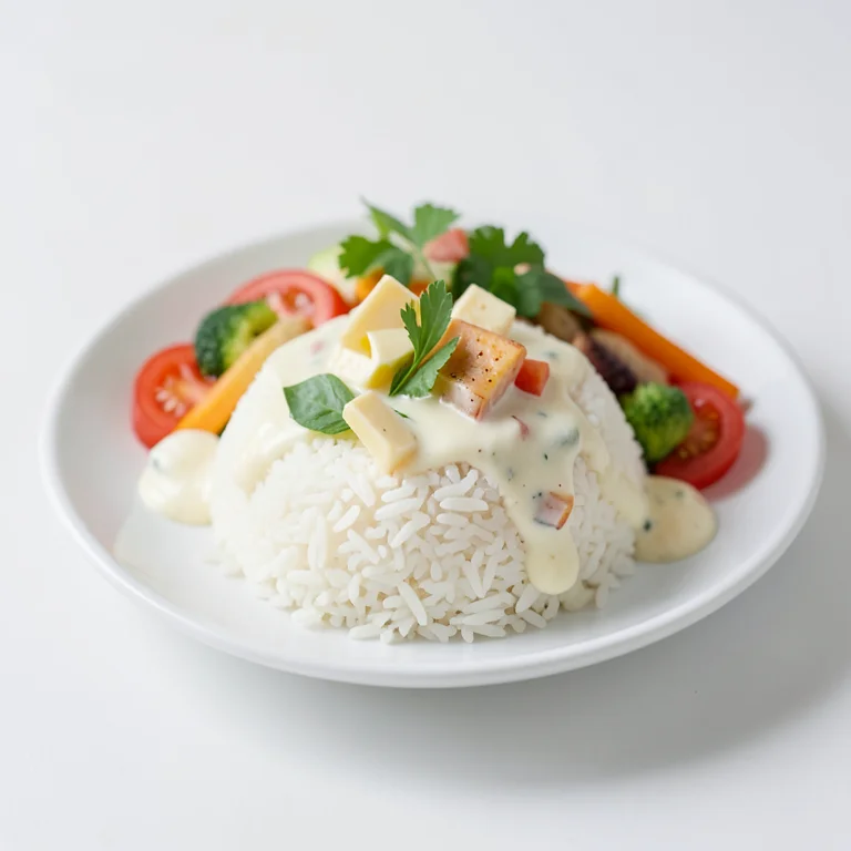 Белый рис с овощами, сыром и сливочно-сырным соусом с добавлением жира