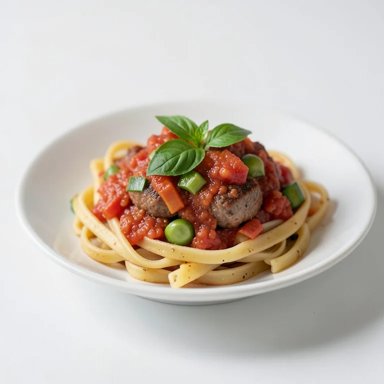 Цельнозерновые макароны с томатным соусом, мясом и овощами (ресторанное блюдо)