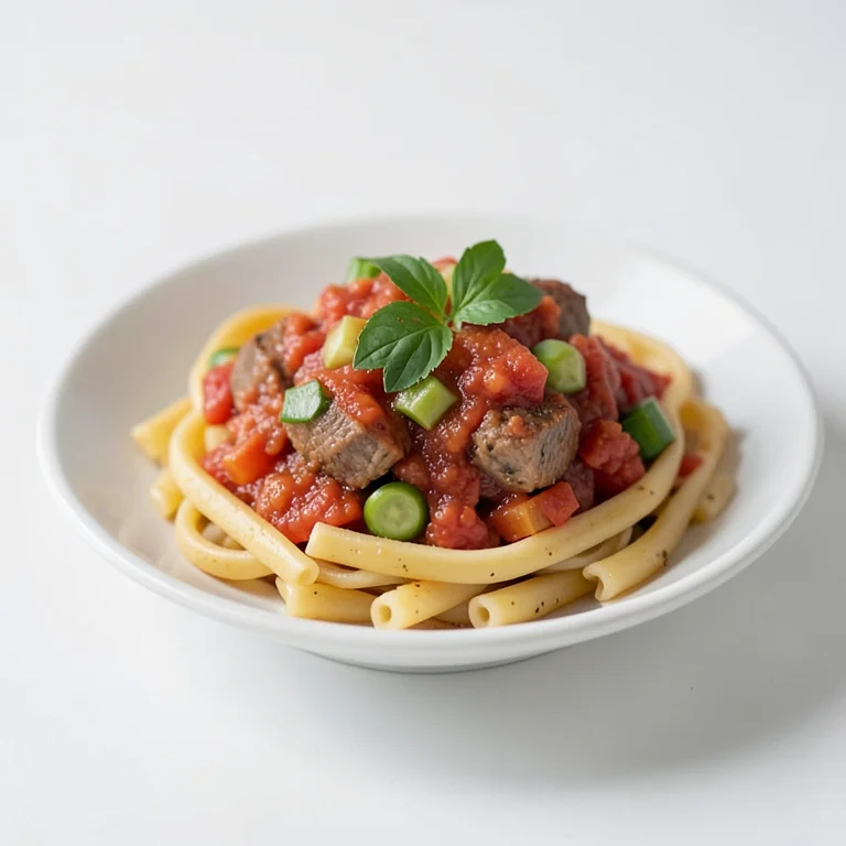 Цельнозерновые макароны с томатным соусом, мясом и овощами