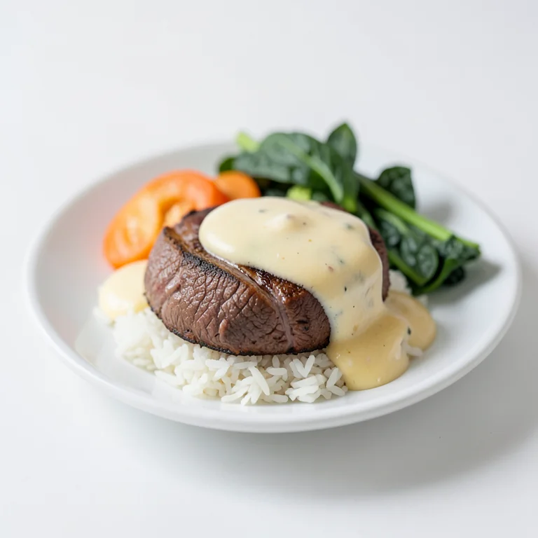 Говядина с рисом и овощами под сырным соусом