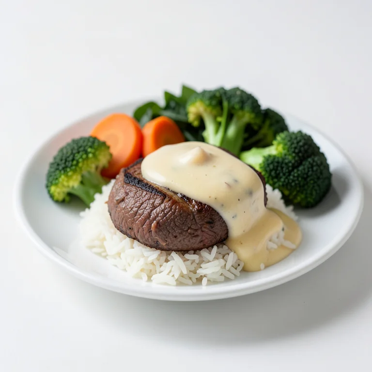 Говядина с рисом и овощами в сырном соусе