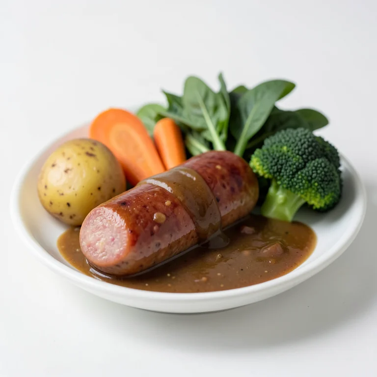 Колбаса с картофелем и овощами в соусе