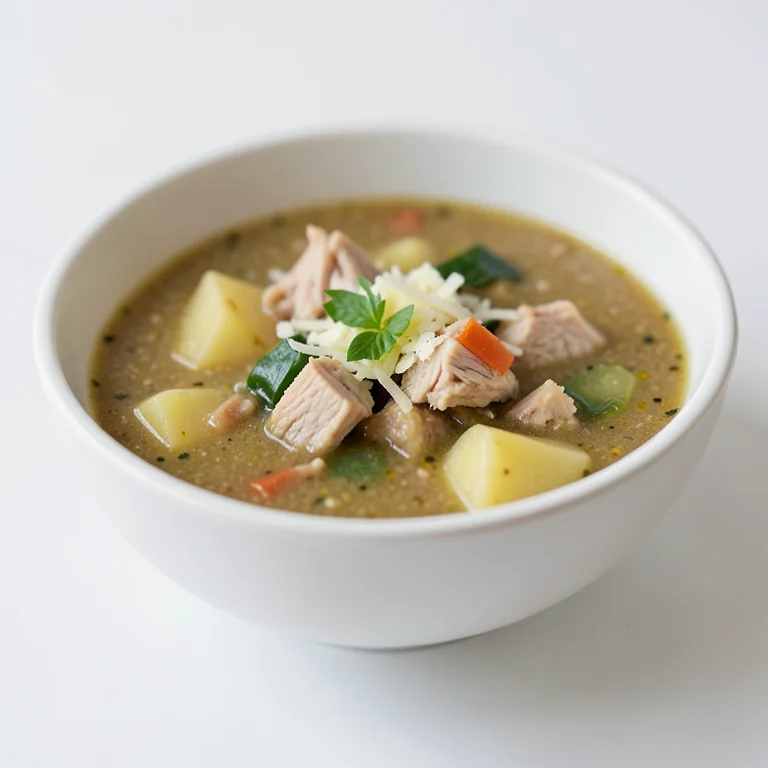 Куриный овощной суп с картофелем и сыром, густой, готовый к употреблению