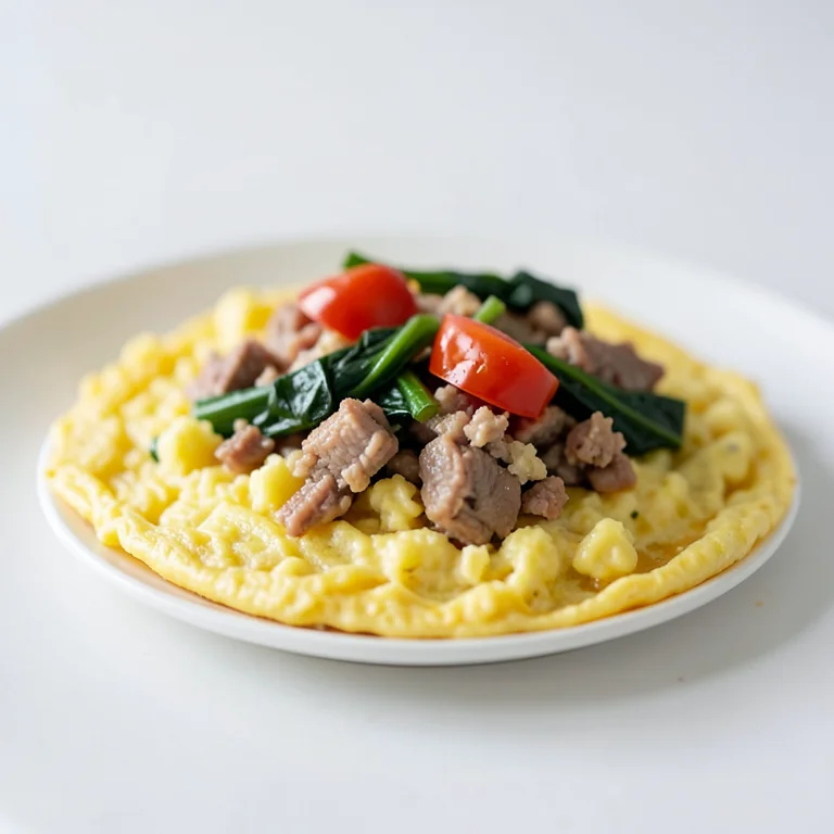 Омлет или яичница с мясом, томатами и тёмно-зелёными овощами