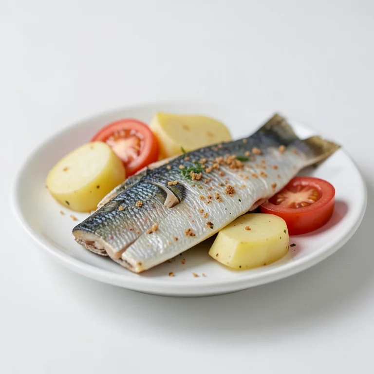 Солёная килька, хамса и салака с картофелем и помидорами